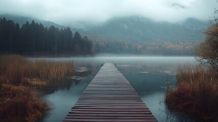 A wooden dock extends into a misty lake with a backdrop of fog-covered mountains and trees.