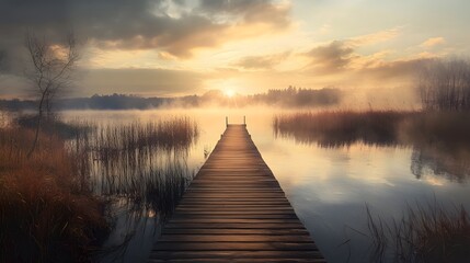 A wooden dock extends into a misty lake at sunrise, with the golden light illuminating the water.