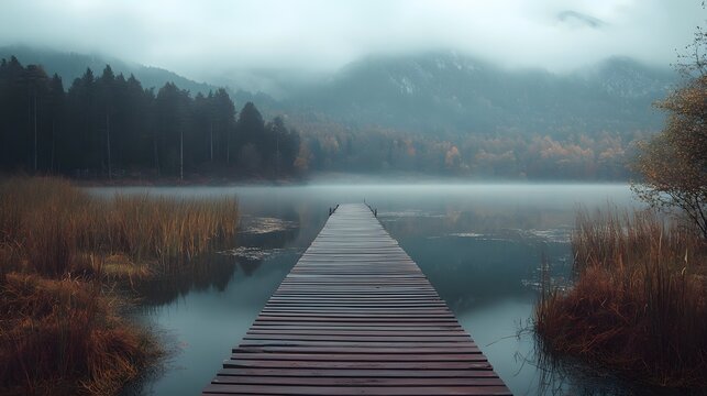 A wooden dock extends into a misty lake with a backdrop of fog-covered mountains and trees.