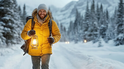 Bright traveler walking with lantern through snowy woods, enjoying serene winter landscape