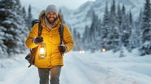 Bright traveler walking with lantern through snowy woods, enjoying serene winter landscape