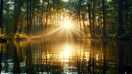 Obraz premium Golden sunlight beams through trees, reflecting on tranquil water, creating serene atmosphere
