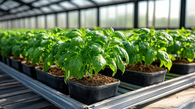 Lush green basil plants thrive in modern greenhouse, showcasing vibrant growth and healthy soil