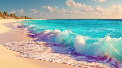 Hyperrealistic waves rolling on a tropical beach at sunset nature photography serene environment captivating view