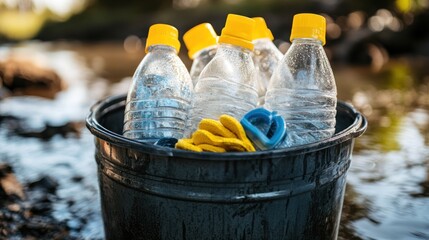 Plastic bottles in a bucket by a river. Environmental cleanup. Possible use Stock photo for environmental awareness