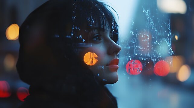 A young woman gazes out a window at the city lights in the rain, her face illuminated by the glow of a streetlight.