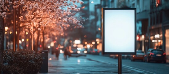 Empty billboard in city street with cherry blossoms