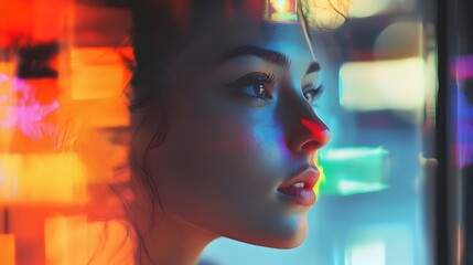 A young woman looks out of a window with colorful lights reflecting in her face.