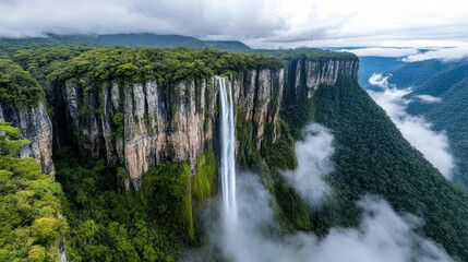 Majestic waterfall cascading over cliffs into mist, surrounded by lush greenery and mountains