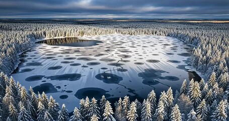 Aerial view of a frozen lake surrounded by snow-covered trees under a dramatic sky - Powered by Adobe