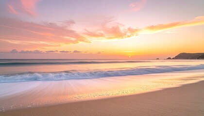 Fototapeta premium Scenic Beach Sunset with Gentle Waves and Soft Clouds in Pastel Hues Overlooking a Distant Coastal Town and Ocean Horizon