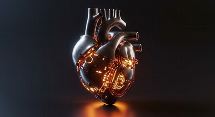 Metallic mechanical heart illuminates with internal glowing circuits against a dark background