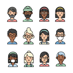 Fototapeta premium Diverse set of cartoon avatars featuring various people with different hairstyles, skin tones, and accessories.