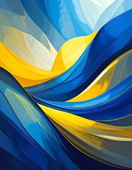 Flowing abstract artwork in blue and yellow hues, resembling ribbons