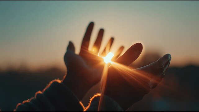 Hands lifted in prayer at sunset