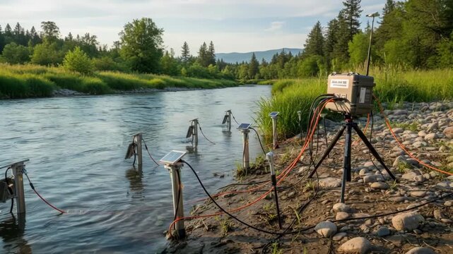 Midlevel view of remote sensors positioned along a riverbank collecting continuous groundwater data to track aquifer changes and predict water table fluctuations.