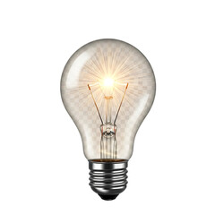 Glowing incandescent light bulb with internal filament isolated on a transparent background