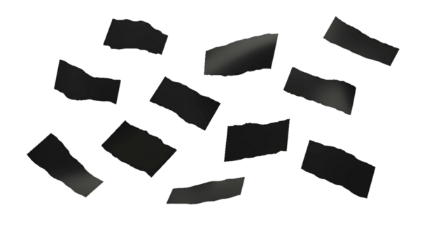 Scattered small rectangular fragments of black paper, scattered and dispersed in a random pattern against a white background