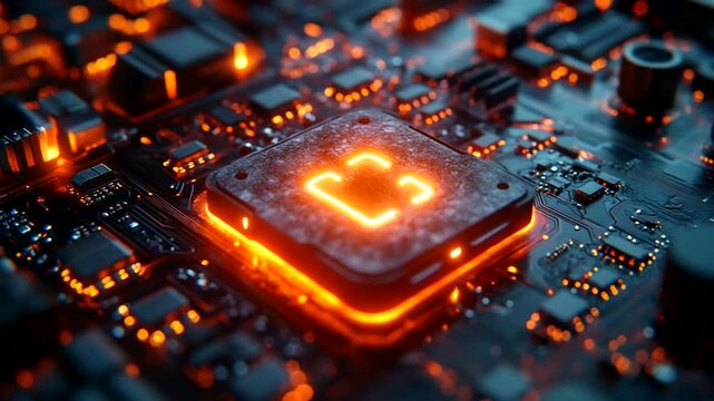 Glowing microprocessor on circuit board with details