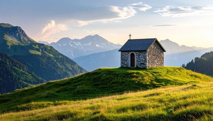 Obraz premium Small Stone Hut on Grassy Hilltop With Mountain Range and Cloudy Sky in Golden Hour Light