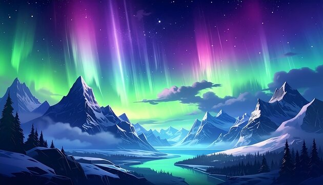 A vibrant digital illustration of an aurora borealis dancing above snow-capped mountains and a flowing river in a vast, starry sky - Powered by Adobe
