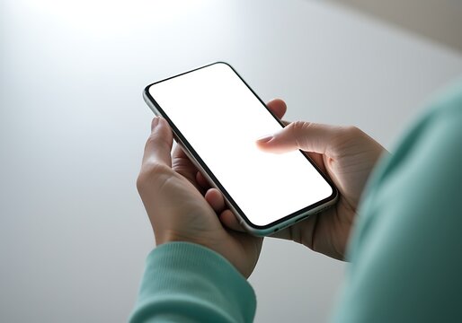 Person holds modern smartphone with blank white screen, tapping or swiping, ideal mockup for app interface display