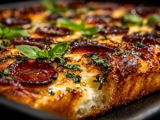 Freshly baked rectangular pizza topped with pepperoni and basil sits on a dark pan ready to be served.
