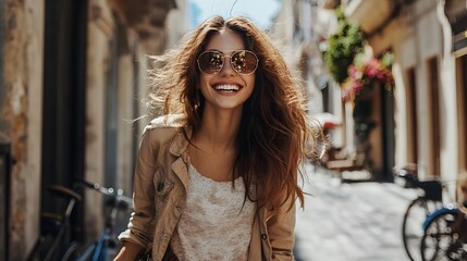 Fototapeta premium A young woman with long brown hair and sunglasses smiles as she walks down a cobblestone street.