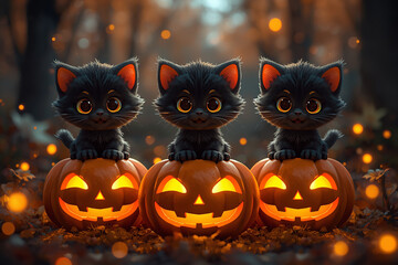 Cute Black Kittens with Jack-o&rsquo;-Lanterns on Halloween Night