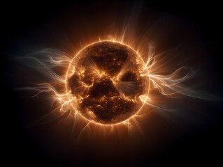 A vibrant sun emits bright orange and yellow energy waves against the dark void of outer space background.