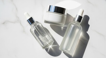 Clear glass cosmetic bottles with serum and cream on a bright white marble surface.