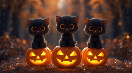 Cute Black Kittens with Jack-o&rsquo;-Lanterns on Halloween Night