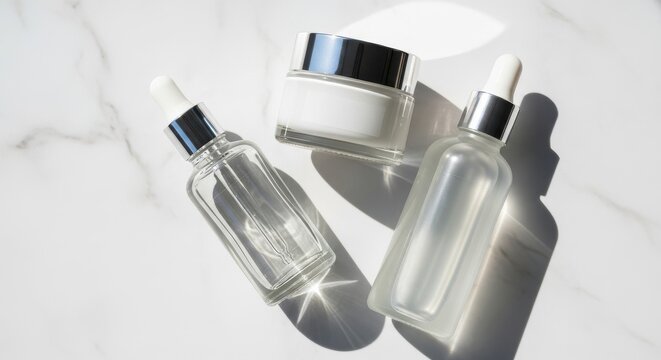 Clear glass cosmetic bottles with serum and cream on a bright white marble surface.