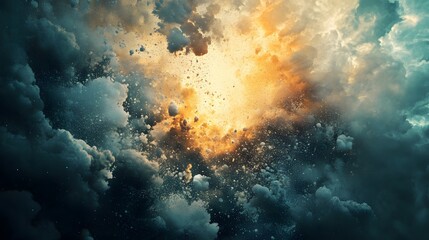 Obraz premium Abstract dramatic sky with dark clouds and a bright orange glow bursting through.