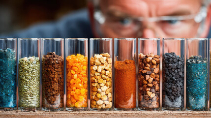 Close-up of clear glass test tubes filled with various colorful natural spices and herbs arranged neatly on wooden surface with a focused scientist in background wearing glasses