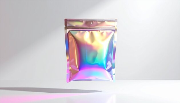 Sleek holographic packaging pouch with a zip closure floating against a white background with modern light and shadow effects