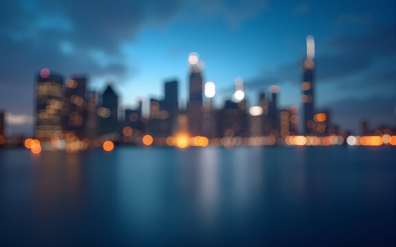 Modern blurred cityscape background with abstract urban skyline and soft bokeh lights, perfect for business presentations, professional website headers, and futuristic corporate designs. High quality