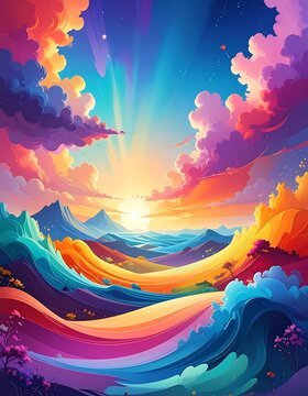 A vibrant, dreamlike landscape with colorful rolling hills, a glowing sun, and a dynamic sky filled with fluffy clouds