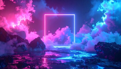 A vibrant digital landscape with fluffy clouds, a neon square, and reflecting water. Mountains and colorful skies