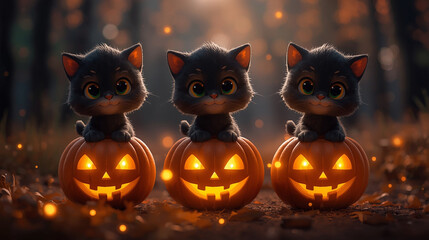 Cute Black Kittens with Jack-o&rsquo;-Lanterns on Halloween Night
