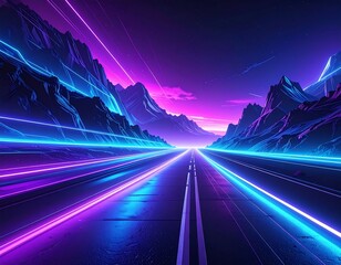 A vibrant, neon-lit highway streaks through a mountain pass under a twilight sky, creating a futuristic landscape