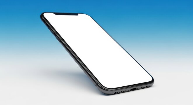 Modern smartphone with blank white screen on blue background.