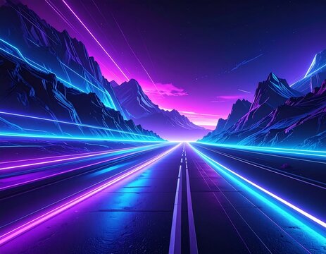 A vibrant, neon-lit highway streaks through a mountain pass under a twilight sky, creating a futuristic landscape