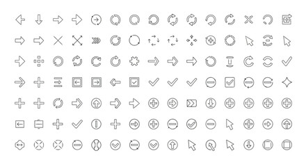 Assortment of line art icons including arrows, circles, checkmarks, crosses, and cursors