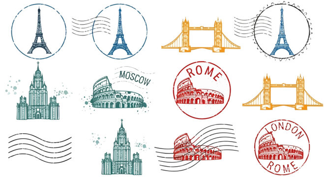 Collection of handdrawn travel stamps and postcards featuring famous landmarks from paris, london, and rome