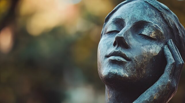 Close-up of a bronze statue of a woman's face with her eyes closed, hand resting on her chin.