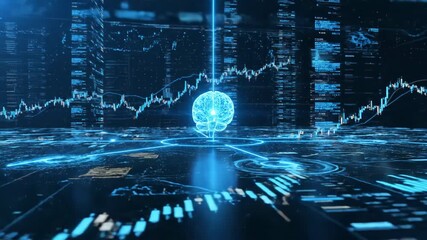 Abstract Futuristic Digital Brain with Financial Charts and Data Streams Representing Artificial Intelligence and Big Data Analysis - Powered by Adobe