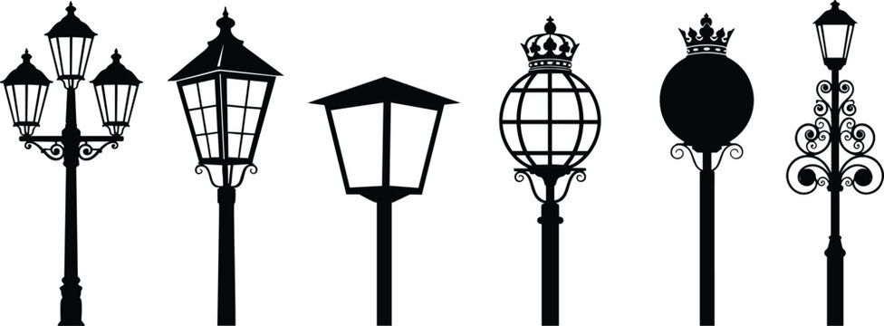 Silhouettes of ornate street lamps, vector illustration of vintage and modern outdoor lighting for urban planning and architectural inspiration