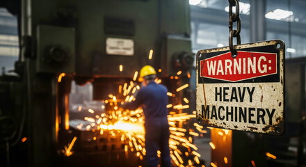 Rusty "WARNING: HEAVY MACHINERY" sign with a worker generating sparks in a factory, highlighting industrial safety and production risks.