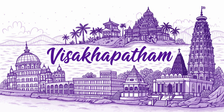 Visakhapatnam Skyline Sketch with Kailasagiri Hill, RK Beach, and INS Kursura Submarine &ndash; Cultural Line Art for Tourism, Print, Poster, and Souvenir Use
